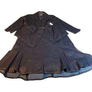 Catherines 2 Piece Dark Navy Blue Shimmer Skirt & Jacket Set Formal Plus Sz 3XL